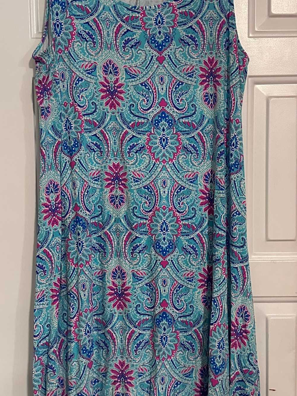 Nicole Miller Teal Floral Paisley Midi Dress with Pink and Blue Accents